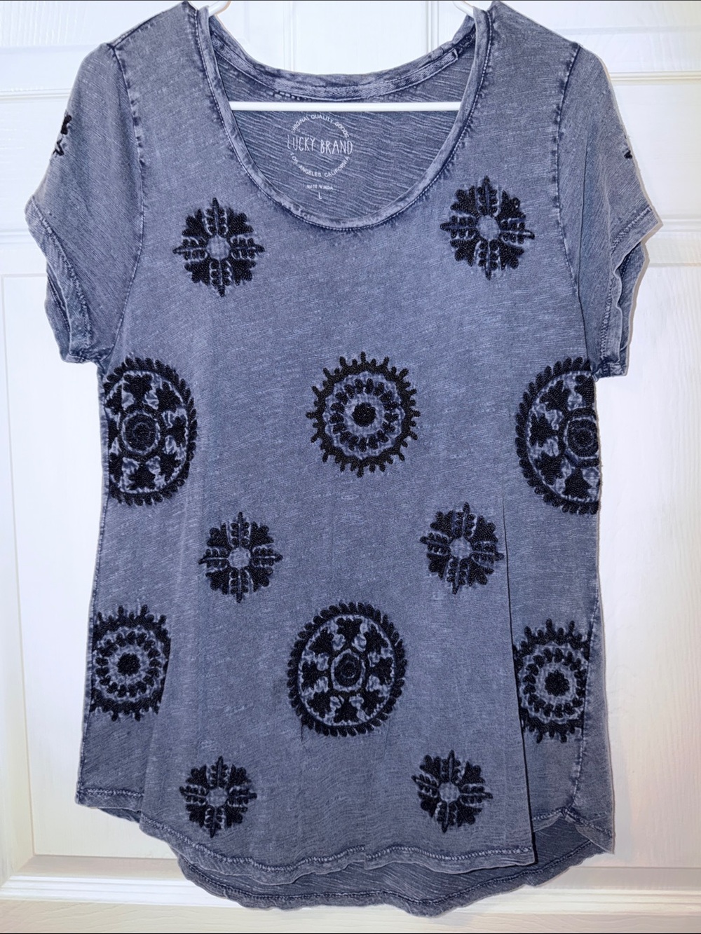 Lucky Brand Gray Short Sleeve Tee with Black Embroidered Medallions